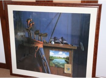 A Large Framed Print Of Golf Bag With Golf Clubs And Idyllic Pond Scene