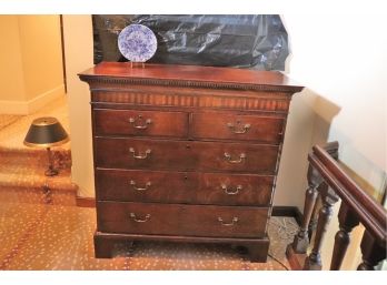 Antique English Oak Dresser With Original Brass Handles & Inlaid Wood Banding