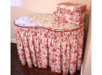 Kidney Shaped Dressing Table With Toile Fabric Skirt & 2 Decorative Storage Boxes
