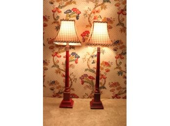 Pair Of Tall Candlestick Lamps Hand Painted With Gold Climbing Leaf Design & Silk Checkers Shades