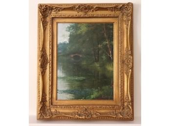 Original Landscape Artwork Of A Pond With Lily Pads & Bridge. Signed F. Oruaghi. Elegant Gold Frame