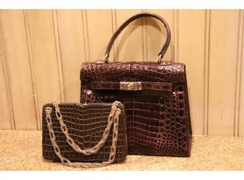 Two Brown Vintage Alligator Handbags, One In The Style Of Hermes And One By Saks Fifth Avenue