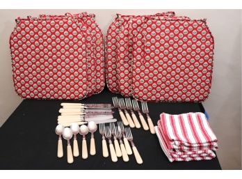 Lot Includes French Wood Handled Cutlery Set, Souleiado Country French Seat Cushions & More
