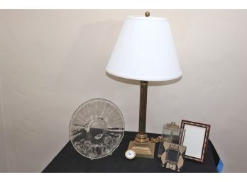 Lot Includes Tall Brass Corinthian Column Lamp, Tiffany Table Clock, Photo Frames & Etched Glass Platter