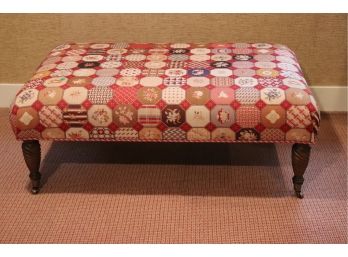 Large Upholstered Ottoman By Windham House With Very Fine Needlepoint Work & Rope Trim Detail