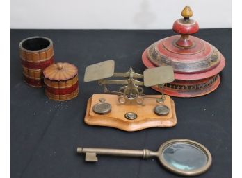 Lot Of Desktop Items Featuring Magnifying Glass, Pencil Holder, Burmese Box & Small English Scale