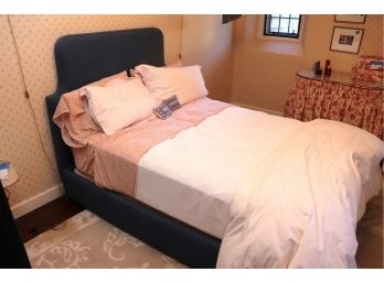 Full Size Blue Linen Upholstered Bed With Nicely Designed Headboard, Mattress, & Quality Linens