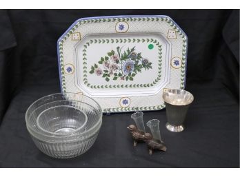 Hand Painted Platter Made In Portugal With Floral Design, Silver Plate Items, Bud Vases With Birds & More