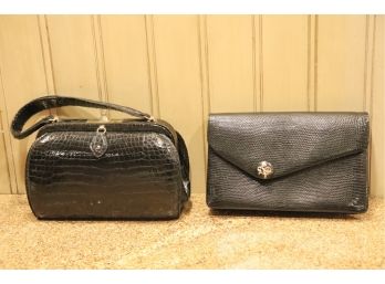Two Black Vintage Alligator Handbags., One Handbag & A Clutch