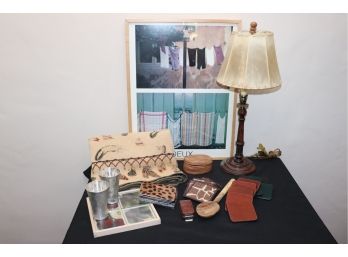 Lot Of Assorted Items Including Wooden Candlestick Lamp, French Photo, Patterned Tablecloth & Coasters