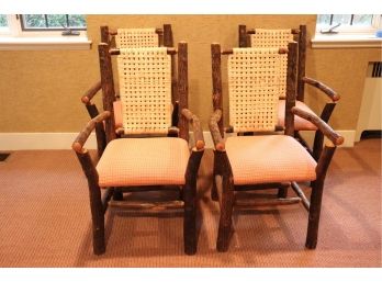 Set Of 4 Vintage Rustic Hickory Log Chairs With Rattan Backs & Cushion Seats