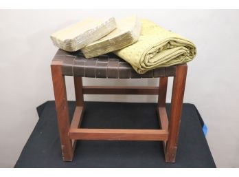 Woven Leather & Wood Stool With Long Custom-Made Tablecloth
