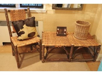 Old Hickory Wood & Bench, Chair, Cowhide Pillow & Leather Frame