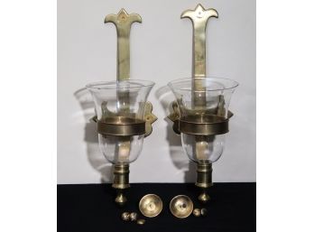 Pair Of Medieval Style Brass & Glass Wall Sconces