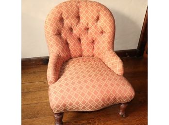Antique English Nursing Chair With Tufted Back & Coral Diamond Pattern Upholstery