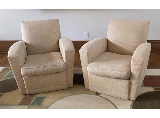 Pair Of Quality Custom Swivel Club Chairs With Textured Linen Upholstery