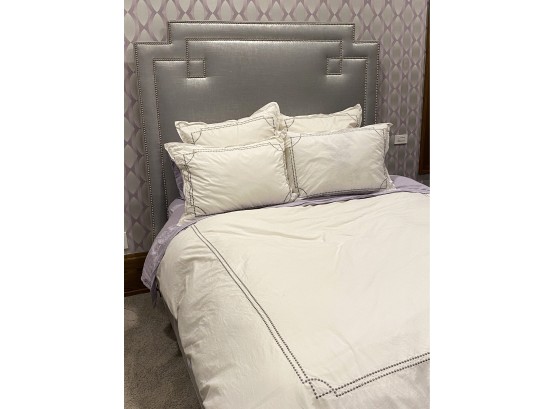 Gorgeous Custom Queen Size Bed Frame With Silver Linen Upholstery Includes Bedding By The Hudson Park Collecti