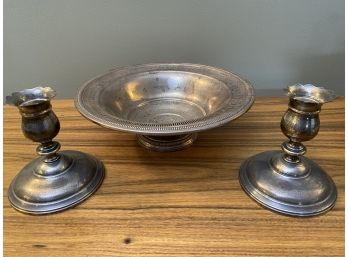 Sterling Silver Candlesticks By Wallace And Pierced Rim Footed Bowl