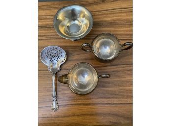 Sterling Serving Sugar  Bowl And Creamer, Candy Dish And Fancy Slotted Serving Utensil