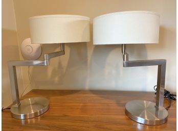 Pair Of Heavy Quality Brushed Nickel Finished Swivel Arm Table Lamps By Portable Luminaire