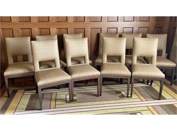 10 Custom Hand-Crafted Dining Chairs With Quality Linen/Silk Substantial Textured Fabric & Nail Head Detail