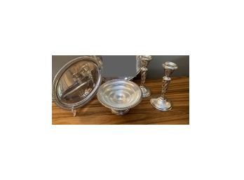 Sterling Silver Candlesticks, Pedestal Bowl, And Oval Plate  (Some Weighted Items)