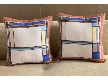 Pair Of 2 Frank Lloyd Wright Inspired Accent Zipper Pillows With Marbleized Design On The Back