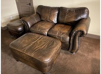 Raymour & Flannigan Bonded Leather Loveseat With Nail Head Detail Includes 2 Ottomans