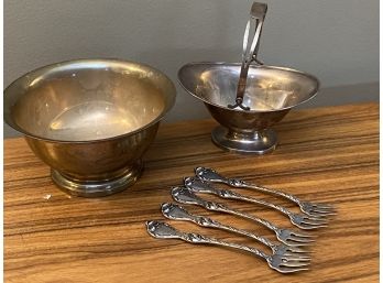 Sterling Silver Footed Bowl, Basket & Set Of Cocktail/Appetizer Forks