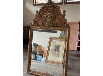 Large Ornate Wood Wall Mirror With Basket Of Flowers Motif Appx 46 Inches X 81 Inches