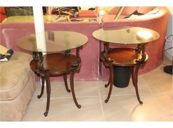 Pair Of Carved Wood With Glass Top Side Tables
