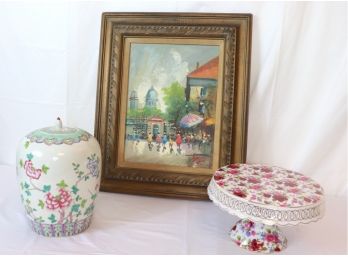 Signed Rocco Oil And Floral Floral Porcelain Pieces