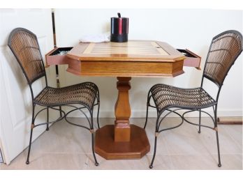 Wood Game Table With Bamboo Metal Chairs, Crate & Barrel Poker Set