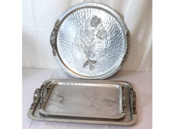 3 Piece Hand Hammered Aluminum Trays Floral Pattern
