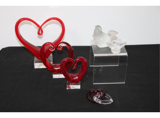 Hand Blown Heart Shaped Art Glass Sculpture By GCA Art Glass, Heart Chain Links, Lalique Love Birds & Dove