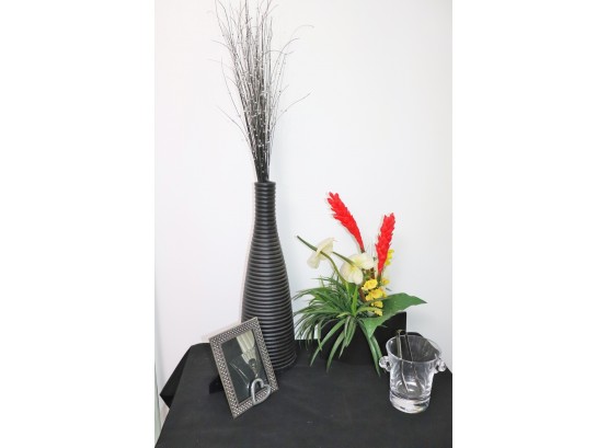 Tall Black Ceramic Vase, Faux Floral Centerpiece, Ice Bucket With Tongs & Blue Stone Picture Frame