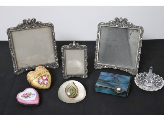 Collection Of Decorative Items Includes Ornate Frames, Agate Paperweight & Stained-Glass Trinket Box