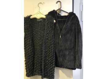Womens Black Knitted Mink  Zip Up Jacket With Hood Size M & Rabbit Vest Medium/Large By Linda Richards Luxury