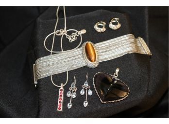Multi Strand Bracelet With Polished Stone, Heart Pendant, Damon Necklace With Pendant & Earrings