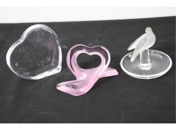 Orrefors Crystal Heart, Lalique Frosted Lovebird Ring Holder & Lalique Frosted Heart Ribbon