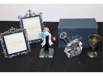 Etched Crystal Dreidel By Badash, Mini Rabbi Art Glass Figure, Kiddush Cup & Pretty Picture Frames