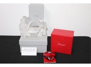 Frosted Crystal Lalique Figurines With Red Crystal Baccarat Heart