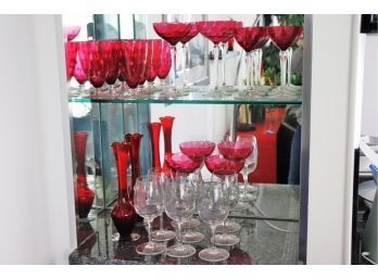 Collection Of Pretty Cranberry Colored Pressed Glass Stemware Includes 6 Luigi Barmioli