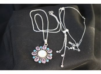 Womens Jewelry Includes 2 Sterling Silver Necklaces & A Pretty Floral Pendant