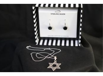 Sterling Silver Judaica Star Pendant On A Chain & A Pair Of Sterling Earrings With Genuine Sapphire & Diamond
