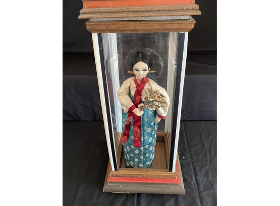 Traditional Sewn Asian Doll With Kimono In A Display Case