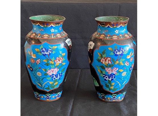 Pair Of Beautiful Vintage Cloisonne  Vases With Floral & Fan Detailing Throughout