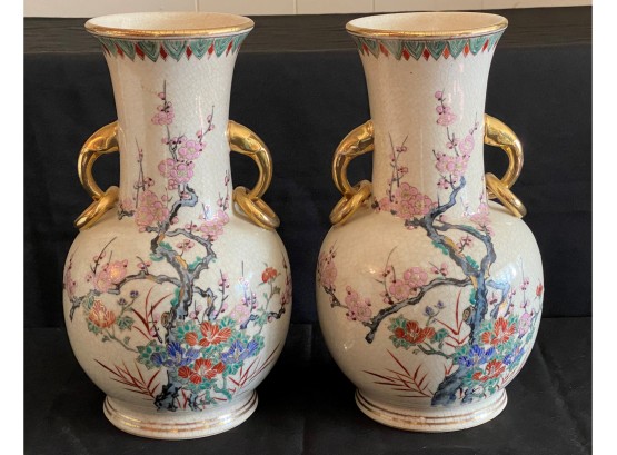 Vintage Pair Of Large Crackle Finish Asian Vases HandPainted & Signed, Cherry Blossom