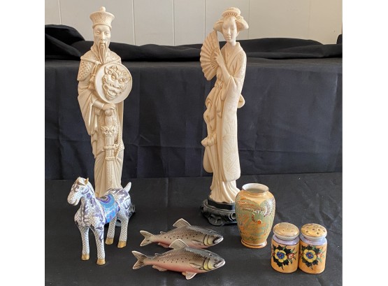 Vintage Collection Of Asian Decor Includes Carved Resin Sculptures, Cloisonne Horse, Trout S&P & Lusterwar