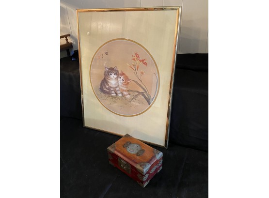 Small Ornate Wood Trinket Box With Ornate Metal Detail Includes A Pretty Asian Cat Watercolor In Frame